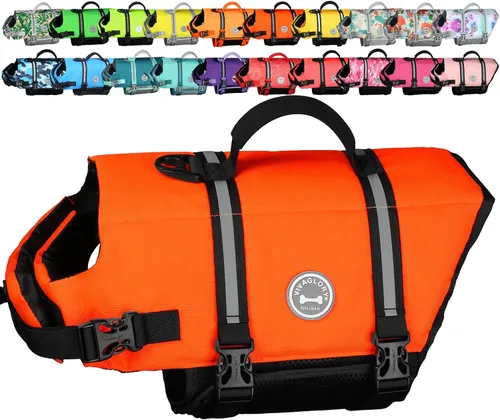 Vista 14 de VIVAGLORY Chaleco salvavidas para perros Rip Stop, chaleco de natación con asa, flotabilidad para perritos cachorros, chaleco salvavidas para perros