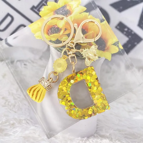 Vista 4 de LAXPICOL Llavero dorado de la letra A-Z para mujer, monedero, bolsos, miel, abeja, lentejuelas doradas, letras iniciales del alfabeto