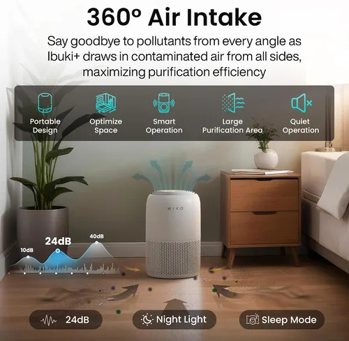 Vista 6 de MIKO Purificador de aire para dormitorio con filtro HEPA 3 en 1 y modo de sueño, silencioso como un susurro, cubre hasta 1200 pies cuadrados