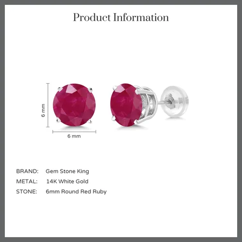 Vista 5 de Gem Stone King Pendientes de tuerca de oro blanco y rojo de 14 quilates para mujer