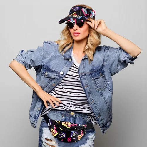 Vista 3 de Paquete de 2 riñoneras de los años 80 y 90 con visera para el sol, riñonera, traje retro de los años 80 y 90, accesorios de moda para hombres y Negro