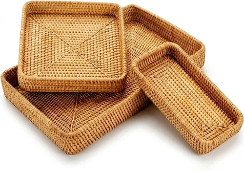 Vista 11 de YANGQIHOME Bandeja de ratán tejida a mano de 14.6 pulgadas con asas, bandeja rectangular de mimbre para mesa de café, desayuno, bebidas, frutas