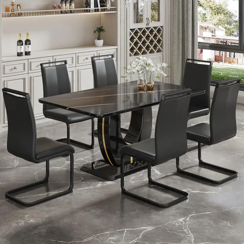 Vista 13 de JUFU Moderno juego de mesa de cocina y comedor, mesa rectangular con parte superior de mármol sintético, 63 pulgadas, color negro, 4 sillas