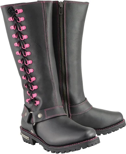 Vista 2 de Milwaukee Leather MBL9367 - Botas de cuero negras de 14 pulgadas con cordones fucsia, talla 9.5