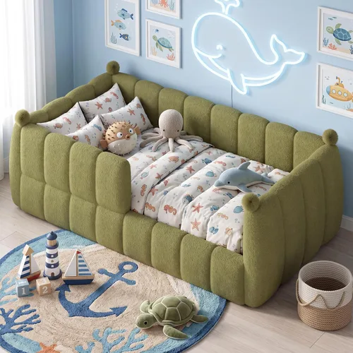 Vista 15 de Bellemave Cama Montessori tapizada de tamaño individual con valla, color Peluche beige