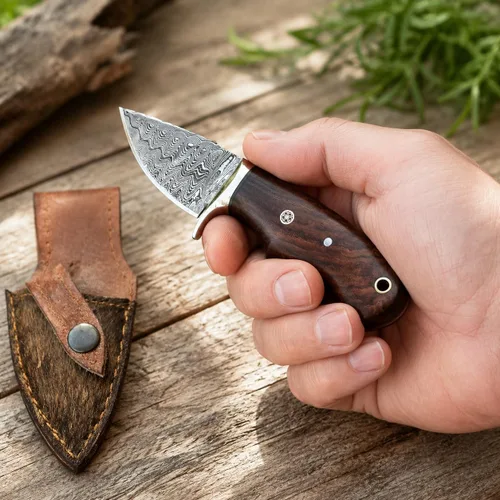 Vista 4 de Cuchillo de Desollar para Cuello de Acero de Damasco Hecho a Mano de 6", Mango de Palisandro con Protector de Acero y Funda de Cuero, Mejor Regalo