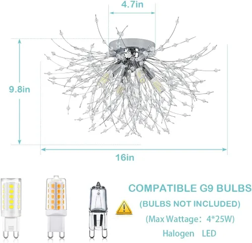 Vista 4 de HMVPL - Candelabro cromado de cristal, fuegos artificiales, moderno, mini, con 4 luces, lámpara colgante de techo, Sputnik, adecuado