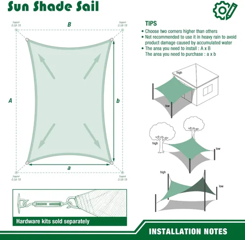 Vista 7 de Toldo tipo vela rectangular de 10 x 15 pies, toldo para exteriores, cubierta de bloqueo UV, borde curvado con anillos en D, tela permeable