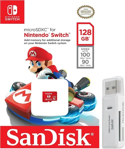 Vista 2 de SanDisk Tarjeta de memoria MicroSD Nintendo Switch de 128 GB para Switch y Lite SDSQXAO-128G Super Mario Design Bundle con (1) lector de tarjetas