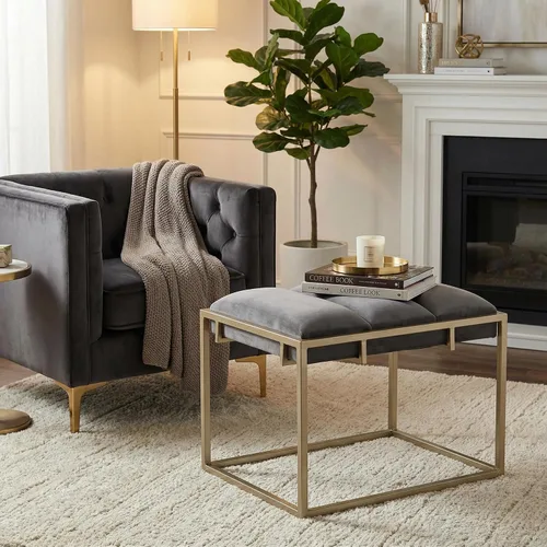 Vista 2 de Cortesi Home Bourne otomana rectangular de 20 pulgadas de alto terciopelo gris y metal dorado champán