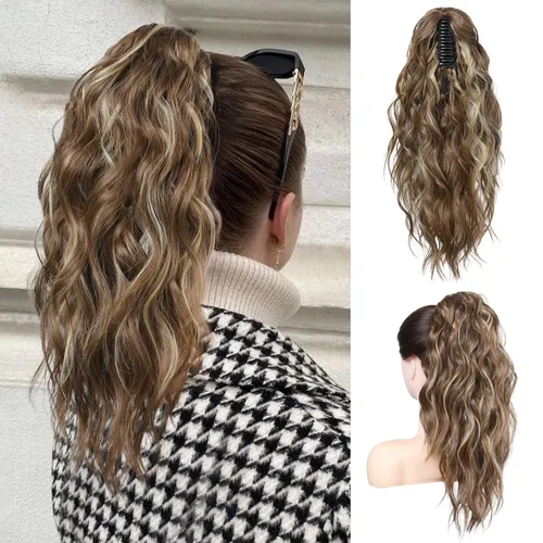 Vista 8 de FLUFYMOOZ Extensión de cola de caballo, extensión de cola de caballo con clip de garra de 18 pulgadas, extensiones de cabello ondulado y rizado