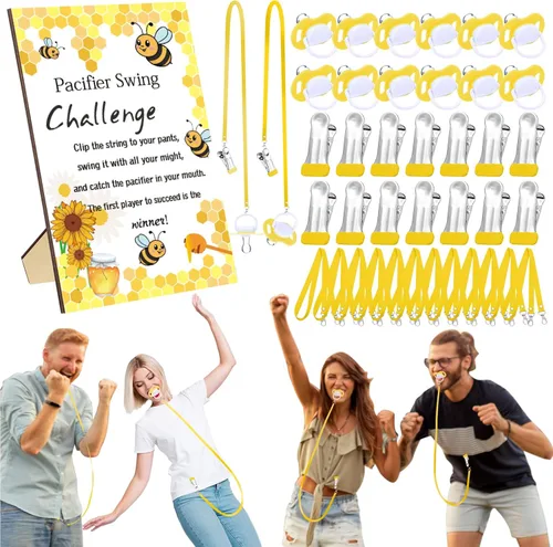 Vista 21 de Geelin Juego de 12 juegos de chupete con columpio para baby shower, juegos divertidos de revelación de género, incluye 1 letrero de madera y 12
