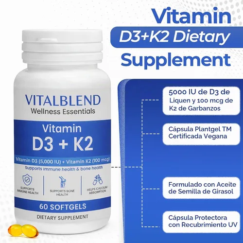 Vista 6 de Cápsulas blandas de vitamina D3 K2, 5000 UI D3 con K2 MK-7, suplemento de apoyo óseo y cardíaco – Fórmula a base de aceite de alta absorción, sin OMG