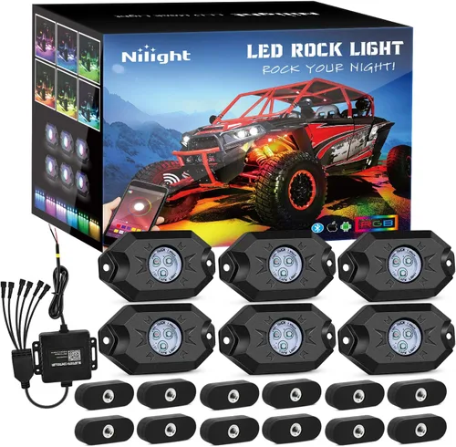 Vista 21 de Nilight Luz LED RGB para látigo, 2 unidades, 3 pies, con 4 luces de roca RGB-Látigo+Roca