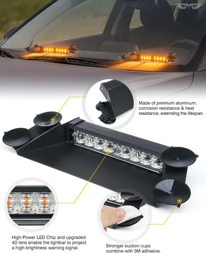 Vista 3 de LUMENIX Barras de Luces Estroboscópicas LED de Emergencia para Salpicadero de Aluminio, Advertencia de Seguridad para Parabrisas Delantero