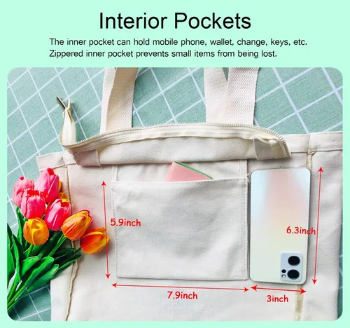 Vista 5 de Bolsa de lona estética con cremallera bolsillo interior para mujer, para ir de compras