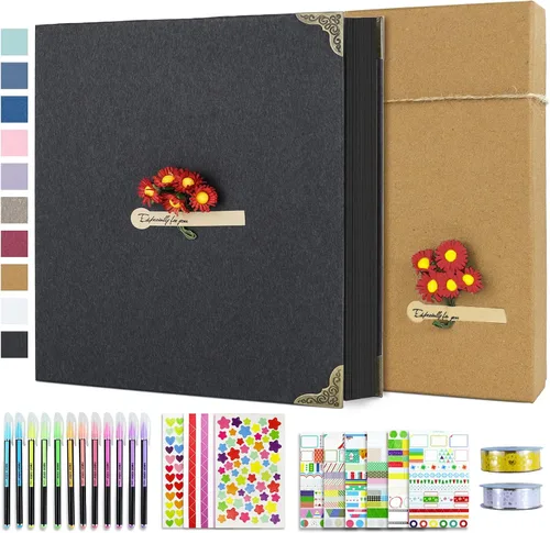 Vista 19 de Vienrose Kit de álbum de fotos de bricolaje con bolígrafos, cintas y calcomanías, 60 páginas, tapa dura de 8.5 x 11 pulgadas, 3 anillos, papel negro