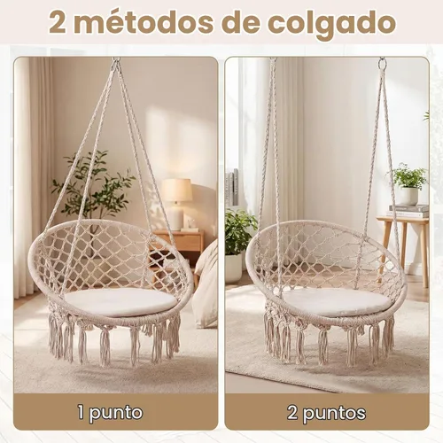 Vista 3 de Happygrill Silla de columpio, hamaca de macramé con cojín de asiento redondo, cuerdas de algodón de poliéster resistentes y anillos de metal Beige