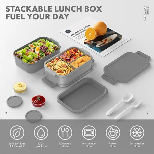 Vista 2 de Jelife Lonchera Bento para adultos, lonchera Bento apilable de 3 capas para adultos, lonchera Bento de estilo grande de 72 onzas, lonchera a prueba