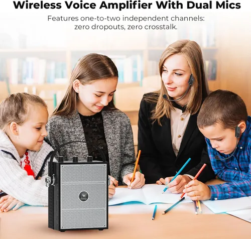 Vista 7 de Amplificador de voz de 50W con 2 micrófonos con auriculares, micrófono con altavoz, sistema de sonido portátil con micrófono, altavoz Bluetooth