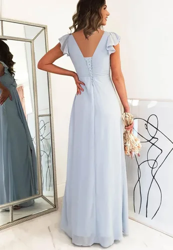 Vista 2 de SYYS Women's V Neck Chiffon Bridesmaid Dresses Long with Slit Ruffled Sleeve Empire Waist Formal Dress with Pockets SF002
