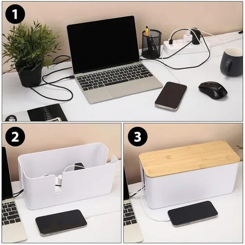 Vista 7 de ZhiYo Caja Organizadora de Cables con Tapa de Bambú, Caja de Gestión de Cables ABS Segura para TV y Computadora, Cubierta de Madera Ocultador