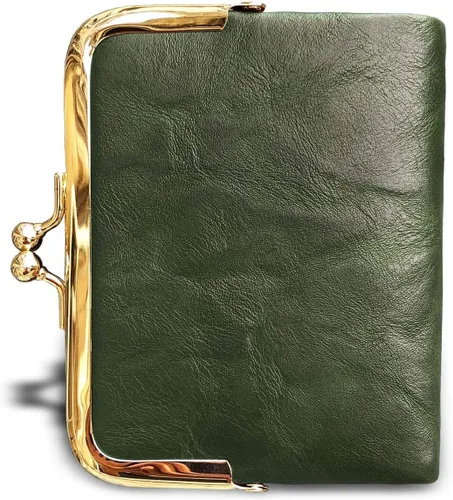 Vista 3 de AOXONEL Cartera para mujer, pequeña, Rfid, compacta, plegable, de piel, vintage, con cremallera y cierre de beso