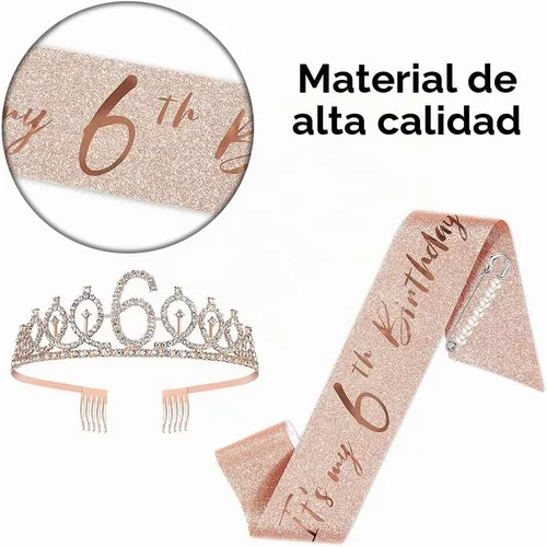 Vista 3 de Juego de banda y tiara de 6º cumpleaños, corona de banda de cumpleaños de oro rosa, suministros para fiesta de cumpleaños