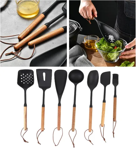 Vista 4 de Juego de utensilios de cocina de 7 piezas, espátula antiadherente de silicona a prueba de calor, espátula, cuchara con mango de madera para freír