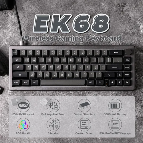 Vista 2 de EPOMAKER EK68 Teclado inalámbrico 65% para juegos con perilla de metal, teclado mecánico con junta intercambiable en caliente, Bluetooth