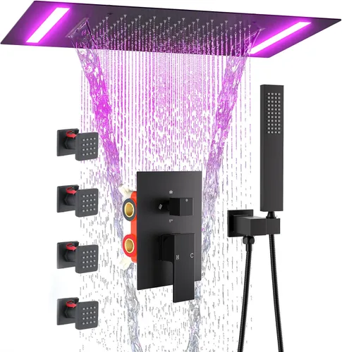 Vista 10 de ENGA Sistema de ducha dorado brillante con chorros corporales, 2 en 1 funciones de montaje en techo, cabezal de ducha LED de 14 x 20 pulgadas con 4