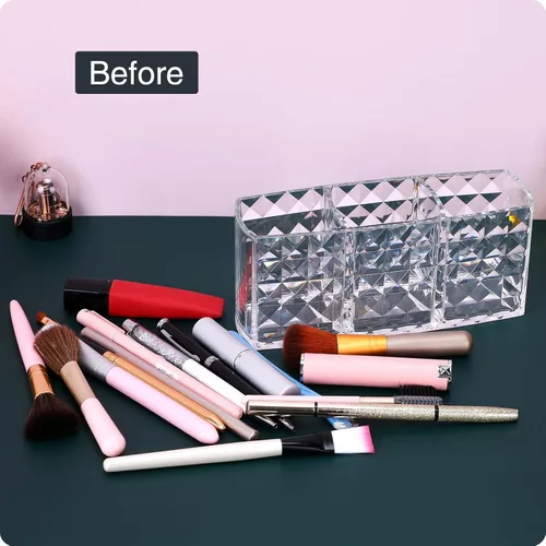 Vista 4 de MOSIKER Soporte para brochas de maquillaje para tocador, acrílico transparente, pequeño, compacto, delineador de labios, delineador de labios