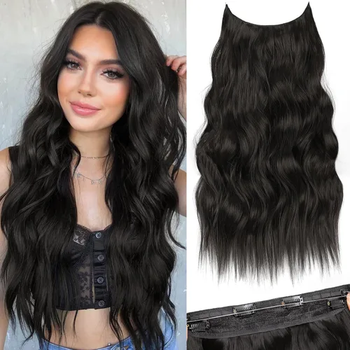 Vista 17 de KooKaStyle - Extensiones de cabello con hilo invisible, diadema transparente, ajustables, 4 clips fijadores, cabello largo y ondulado de 12