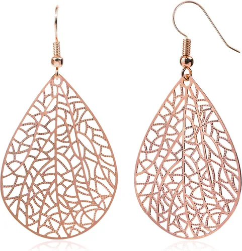 Vista 13 de 14K Gold Plated Silver Rose Gold Teardrop Filigree Dangle Earrings Lightweight Leaf Drop Earrings for Christmas Gift