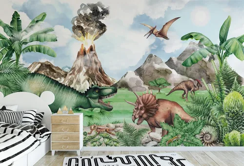 Vista 5 de Murwall Kids Dinosaur Wallpaper Cute Jurassic World Wall Mural