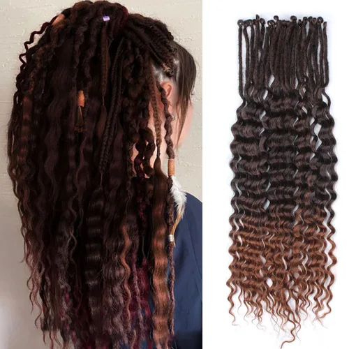 Vista 42 de Extensiones de rastas trenzadas bohemias de 24 pulgadas, 10 hebras de rastas sintéticas rizadas color marrón degradado con trenza de caja, rastas