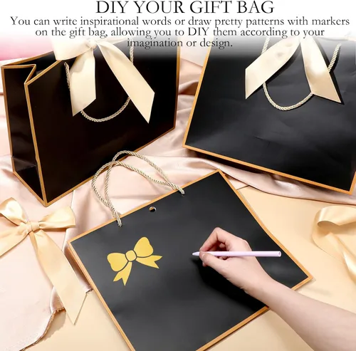 Vista 3 de Silkfly 12 bolsas de regalo con asas para dama de honor, 12 x 10 x 4 pulgadas, elegantes bolsas de regalo de bienvenida de boda con lazo para Negro