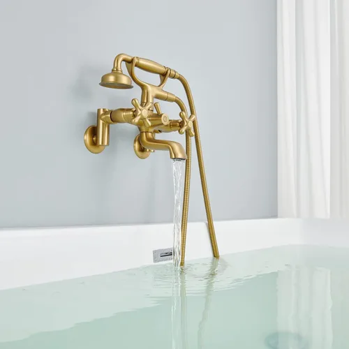 Vista 5 de Clawfoot - Grifo de bañera de montaje en pared, grifos de bañera de oro cepillado con ducha de mano, con forma de teléfono vintage, ajustable de 3 a