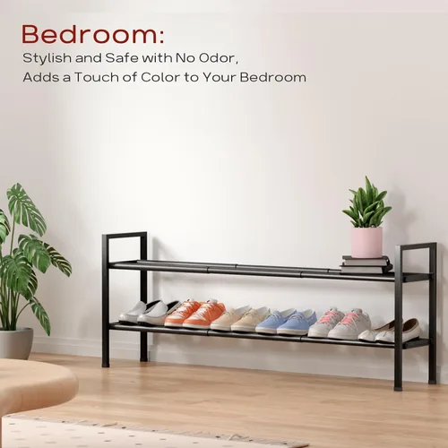 Vista 6 de Bumusty estante de zapatos de 2 niveles largo y expandible para clóset, estante de zapatos ajustable de 46-112 cm para entrada, estante organizador