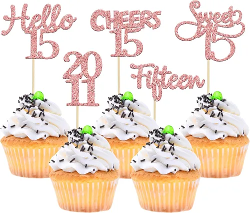Vista 60 de Gyufise Paquete de 24 adornos negros para cupcakes de 10.º cumpleaños con purpurina negra 10 Ten Hello 10 Dights dobles desde 2015 para decoraciones