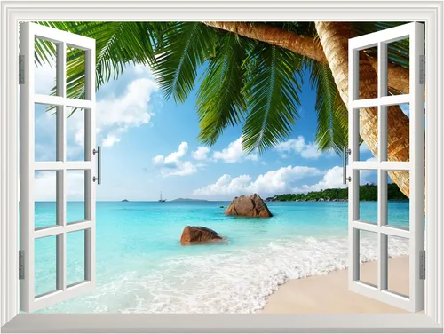 Vista 2 de wall26 Vinilo mural de pared extraíble – ANSE Lazio Beach en la isla Praslin en Seychelles - Decoración de pared creativa de ventana – 24 x 32
