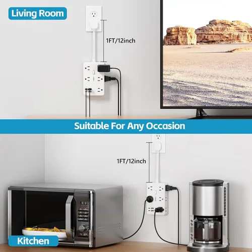 Vista 4 de Cable de extensión plano de 1 pie con protector de sobretensiones, 10 salidas de CA y 4 puertos USB (5V/3.4A 17W), 1080J, estación de carga