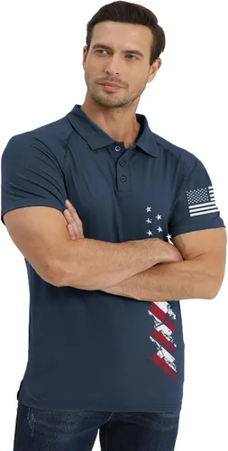 Vista 4 de H HYFOL Polo de manga corta para hombre, diseño gráfico elástico, casual, patriótico, raglán, golf, polos para hombres