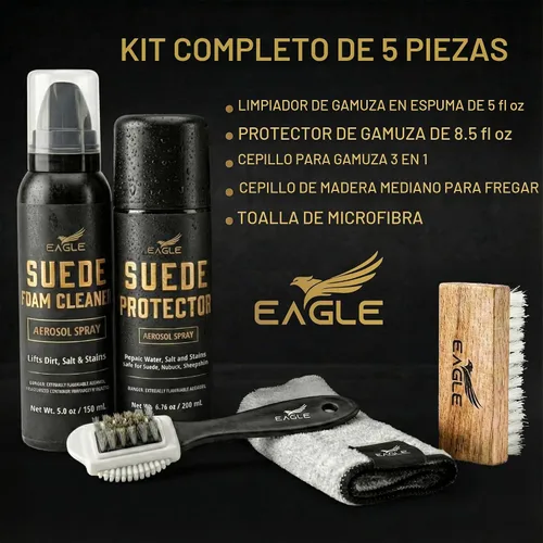Vista 5 de Eagle Kit de limpieza de gamuza y nobuck – Juego de 5 piezas con limpiador de gamuza de espuma y spray protector, cepillo de 3 vías, cepillo