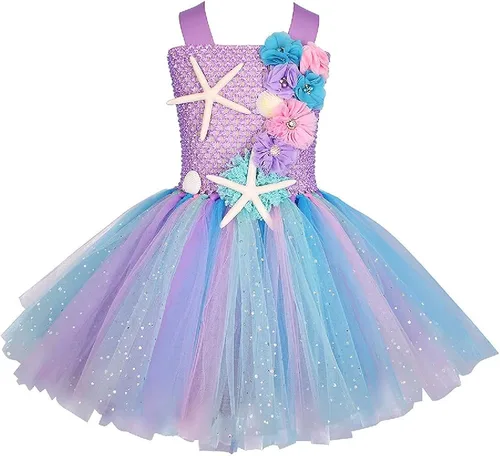 Vista 2 de Quenny Vestidos de princesa Ariel con diadema vestidos de tutú de estrella de mar de flores para niñas