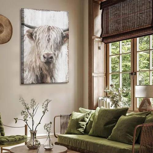 Vista 6 de 1 pieza de arte de pared de vaca Highland, lienzo de vaca de granja para decoración de pared, imagen de pintura blanca de vida silvestre, impresión