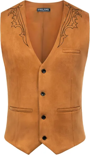 Vista 2 de Chaleco de traje de cuero de ante para hombre, chaleco bordado casual, ajustado, chaleco occidental