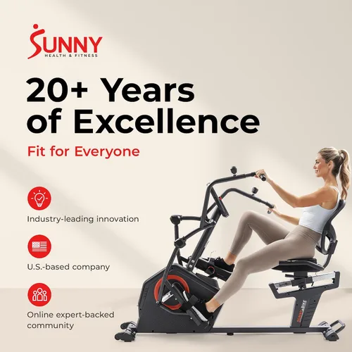 Vista 8 de Sunny Health & Fitness Elite Bicicleta reclinada de entrenamiento cruzado y máquina elíptica con ejercitadores de brazos para entrenamiento