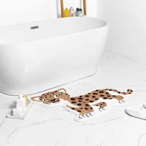 Vista 3 de Divertida alfombra de baño de leopardo marrón para baño, bonita alfombra de baño de dibujos animados de leopardo, antideslizante, absorbente