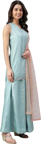 Vista 5 de Janasya Kurta bordada de seda de poliéster verde mar indio para mujer con Palazzo y Dupatta